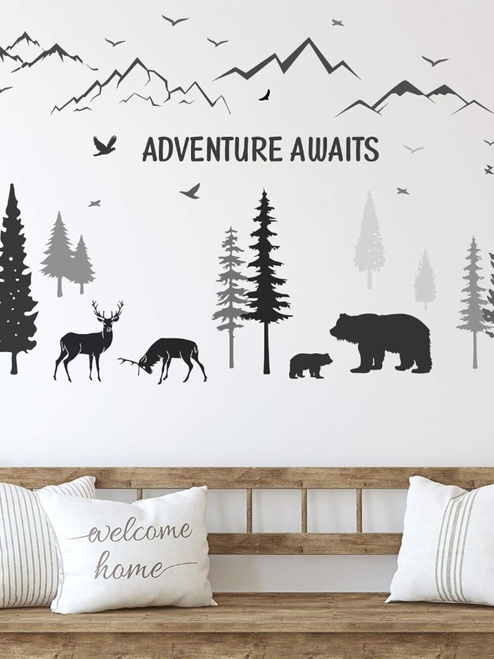 Dreamy Forest Wall Decals with Pine Tree, Animal Deer, Mountain & Inspirational